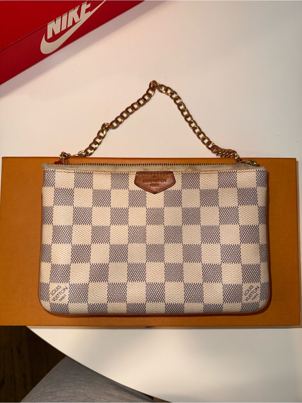 Louis Vuitton Damier Azur Wristlet Clutch with Gold Chain